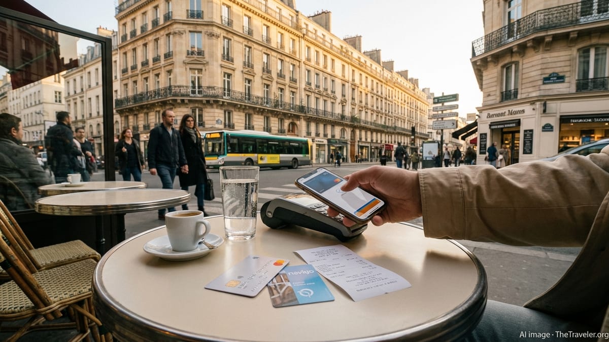 Traveler paying by card at a Paris café table with receipt and metro pass.