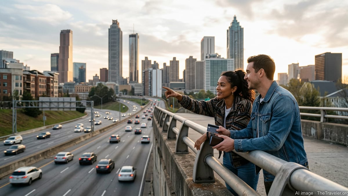 Travelers overlooking the Atlanta skyline at sunset, holding a credit card above a busy freeway.