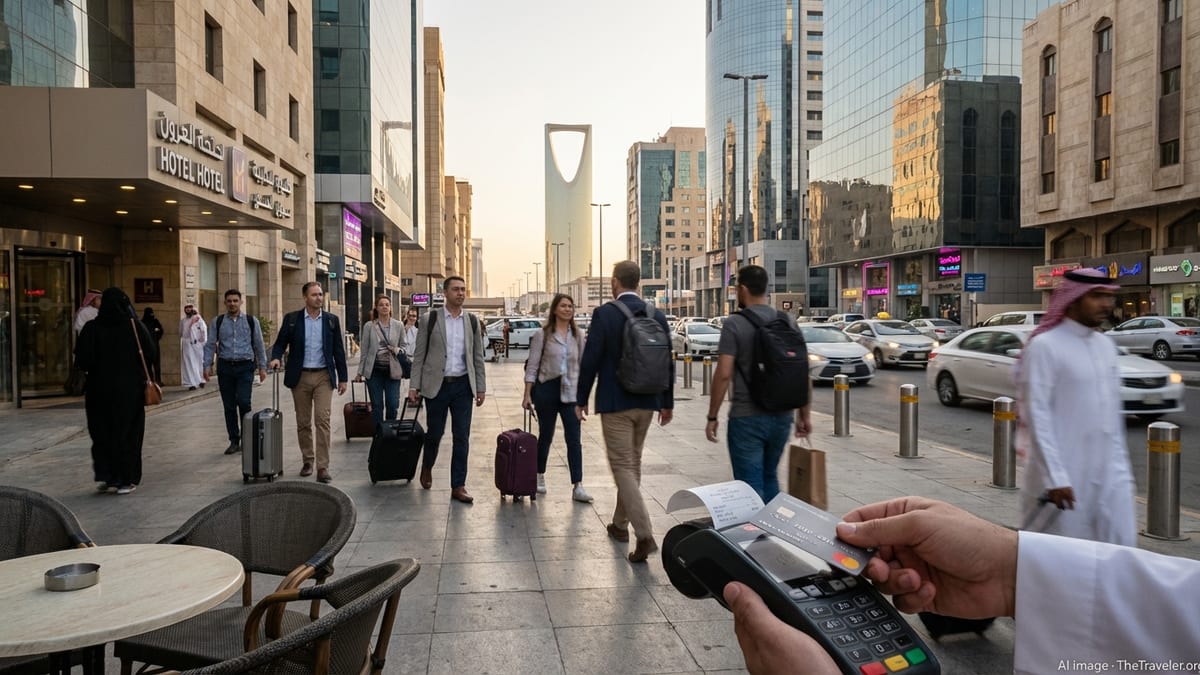 Travelers in central Riyadh paying by credit card at an outdoor café at dusk.