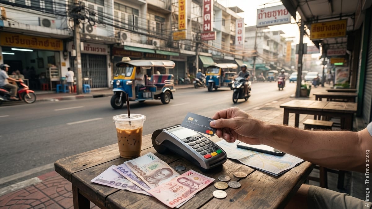 Traveler paying with a contactless credit card at a Bangkok cafe with Thai baht on the table.