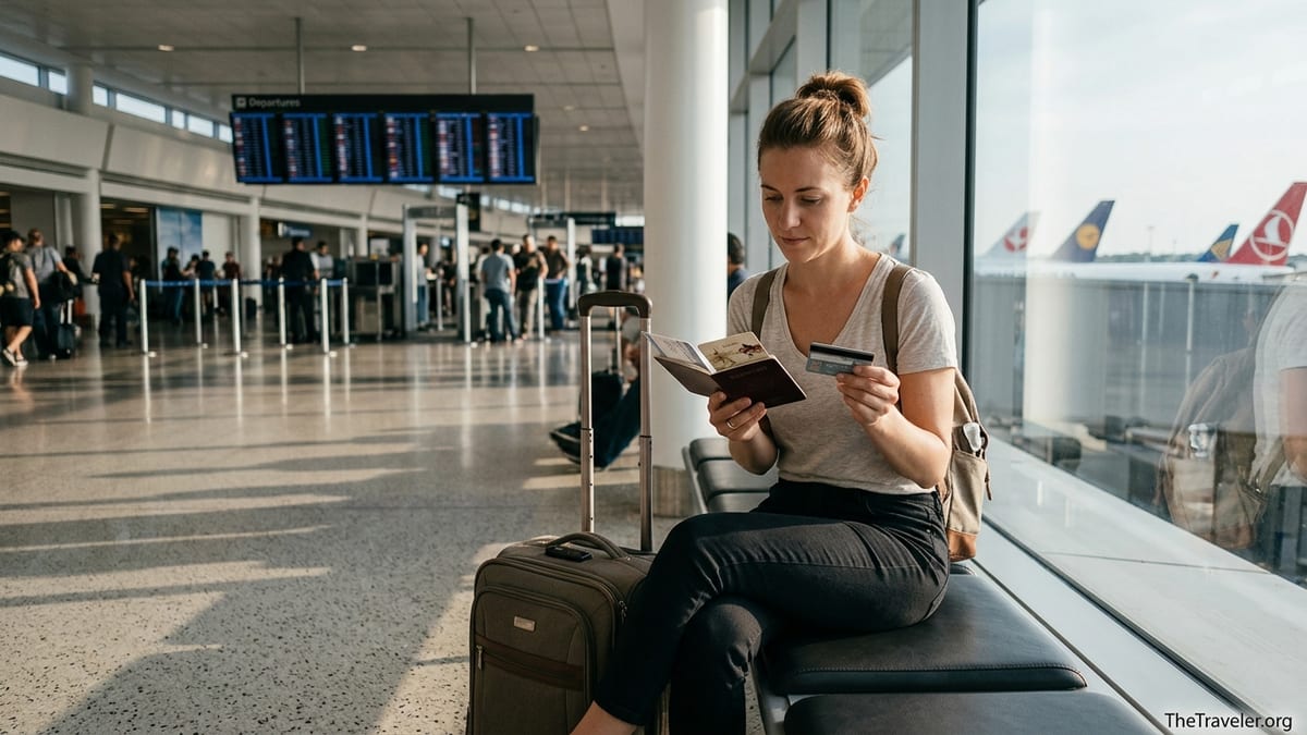Traveler in airport comparing two travel credit cards near large windows with planes outside.