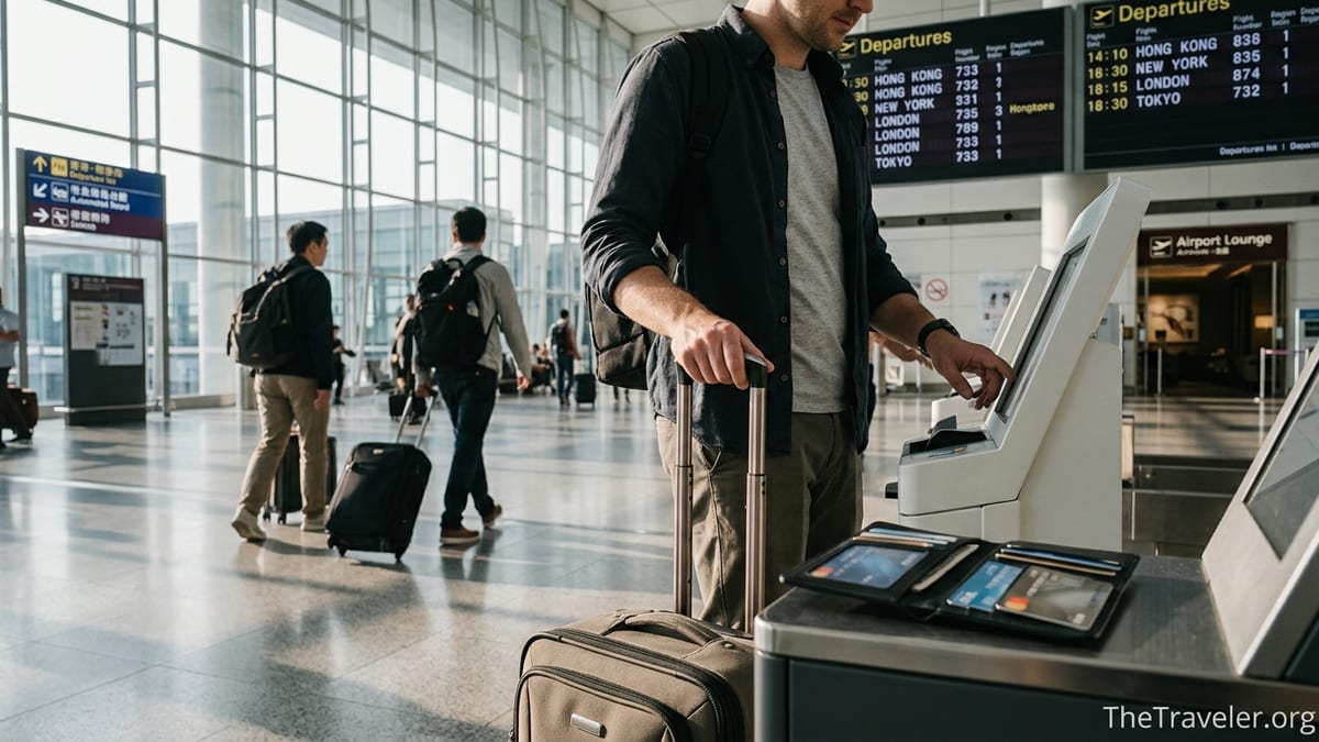 Traveler at airport check-in holding wallet with multiple travel credit cards visible.
