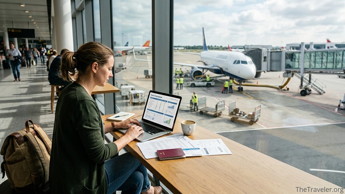 Traveler at airport comparing travel insurance documents on a laptop.