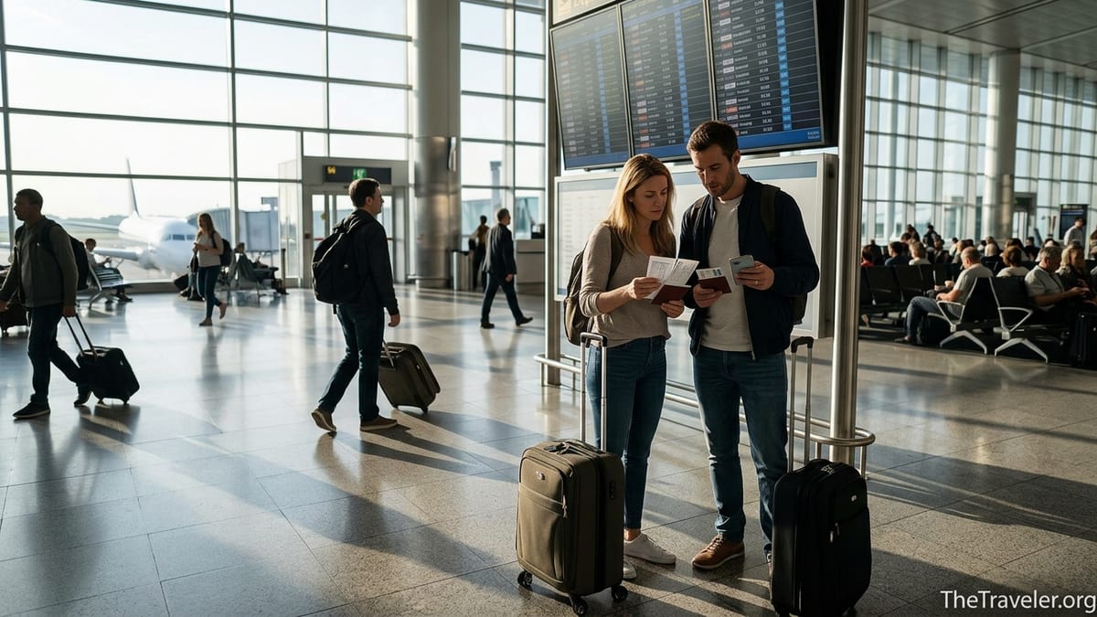 Travelers in an airport terminal reviewing documents before a flight.