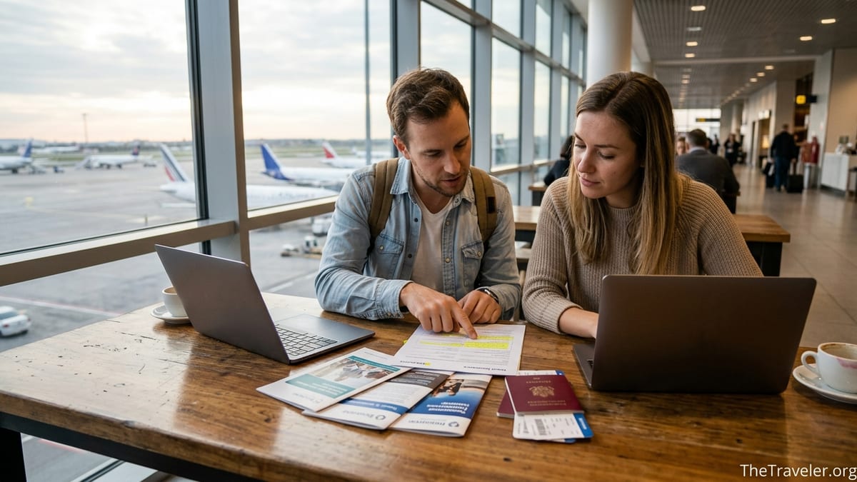 Travelers compare printed travel insurance policies in a bright airport lounge.