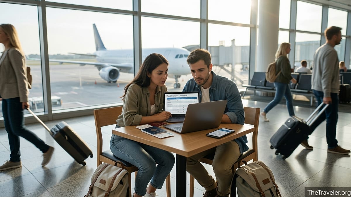 Travelers in an airport lounge comparing travel insurance options on a laptop.