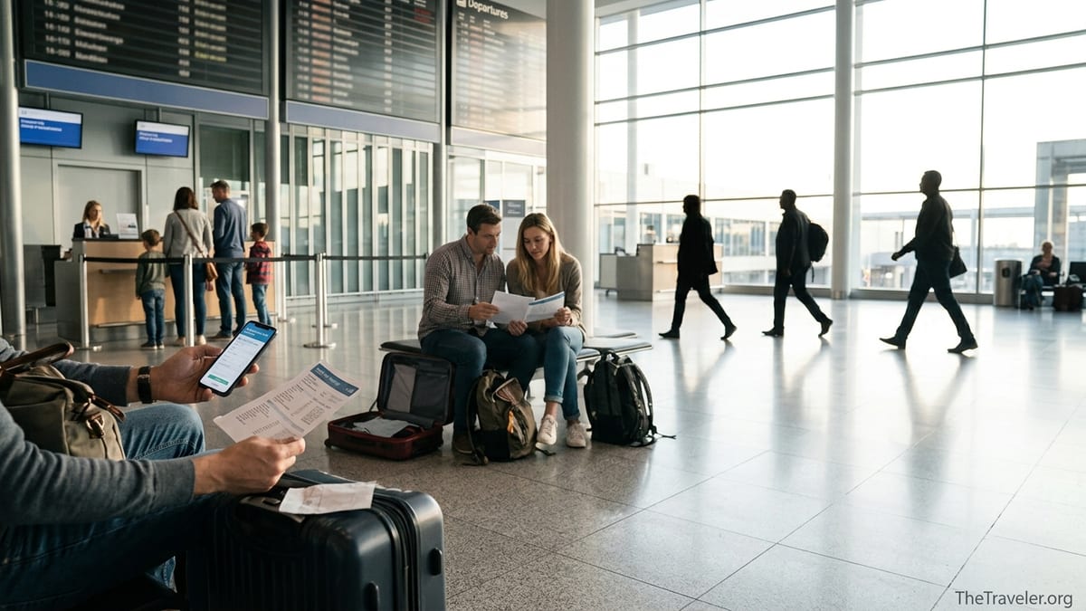 Travelers in a bright airport departure hall reviewing documents and insurance before a flight.