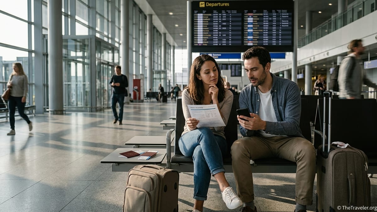 Couple reviewing travel insurance documents in a busy airport departure hall.