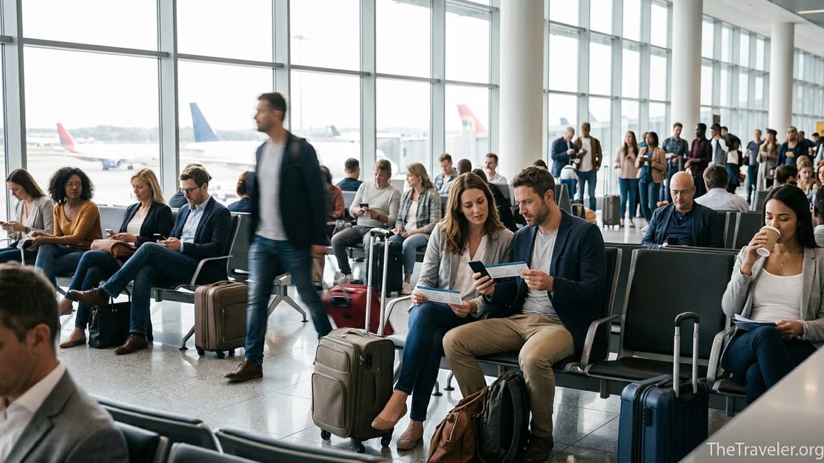Travelers in a bright airport terminal checking phones and documents before a flight.