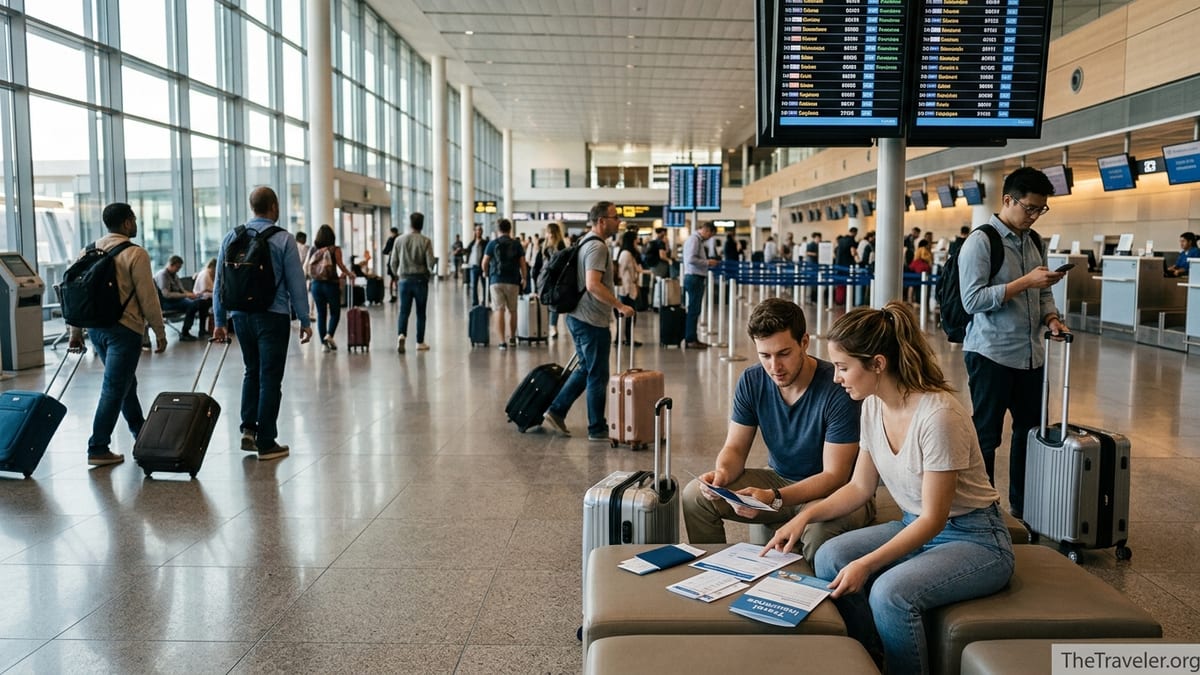 Travelers in an airport departure hall reviewing documents and travel insurance before a flight.