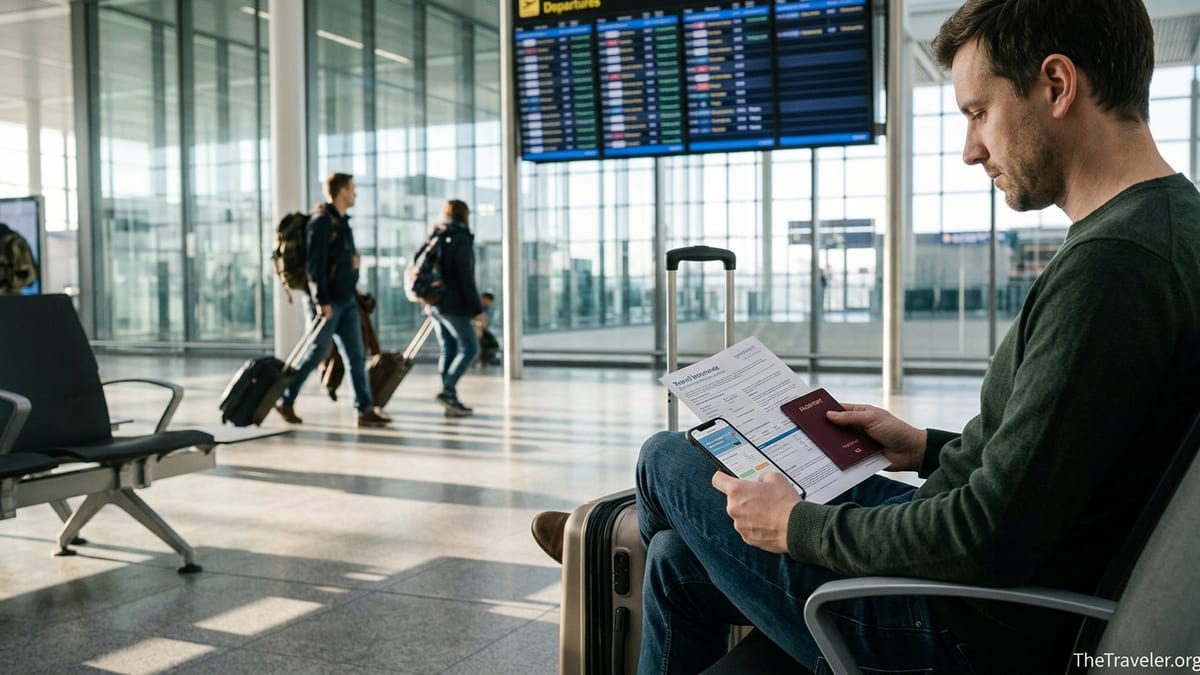 Traveler comparing travel insurance documents at an airport terminal before an international flight.