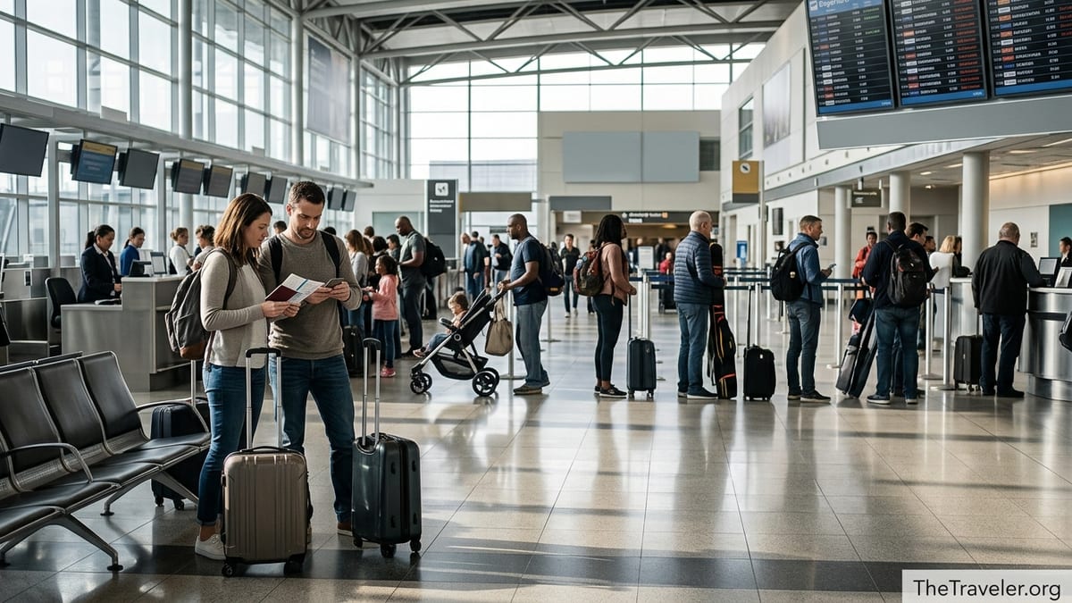 Travelers reviewing insurance papers in a busy airport departure hall.