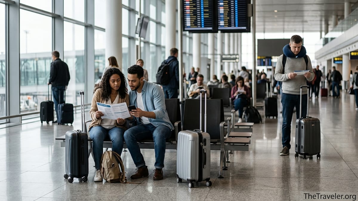 Travelers in an airport terminal reviewing travel insurance documents before departure.