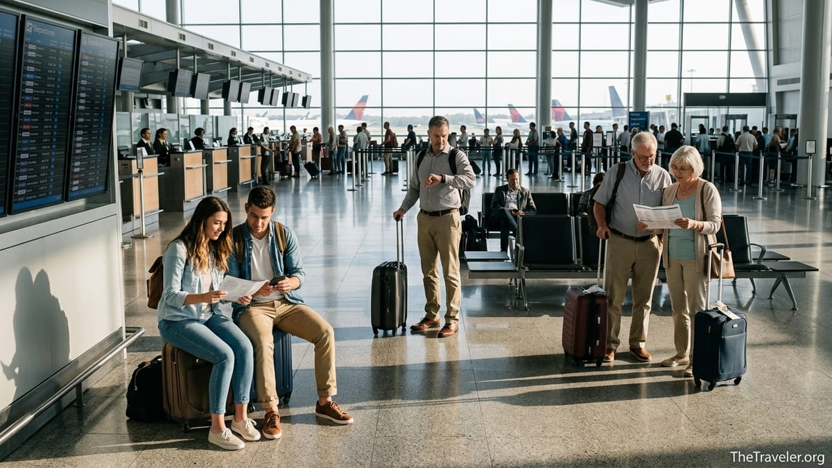 Travelers in an airport reviewing documents and phones before an international trip.