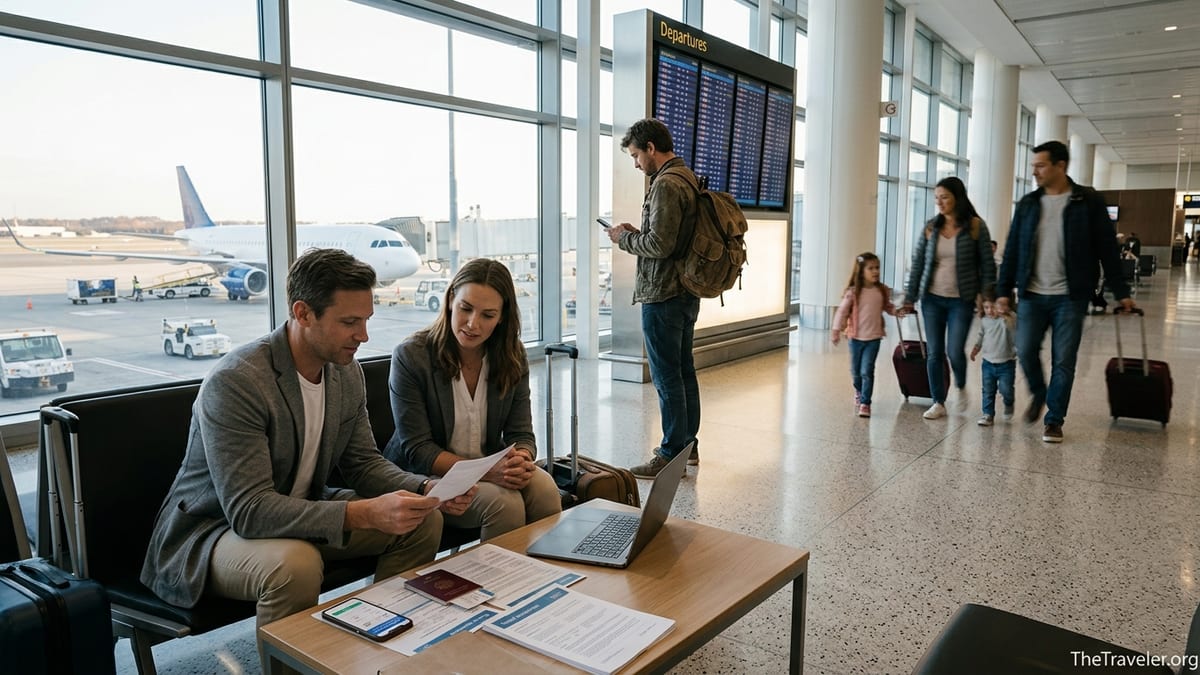 Travelers in an airport lounge reviewing travel insurance documents before a flight.