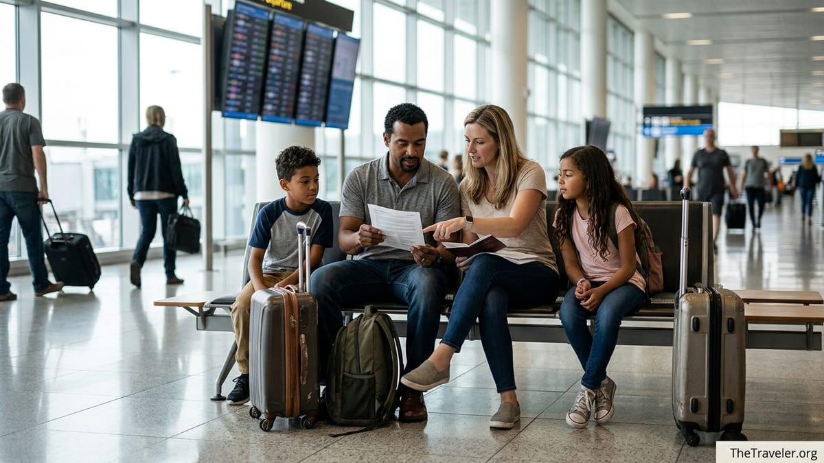 Family reviewing travel insurance papers in a busy airport terminal.