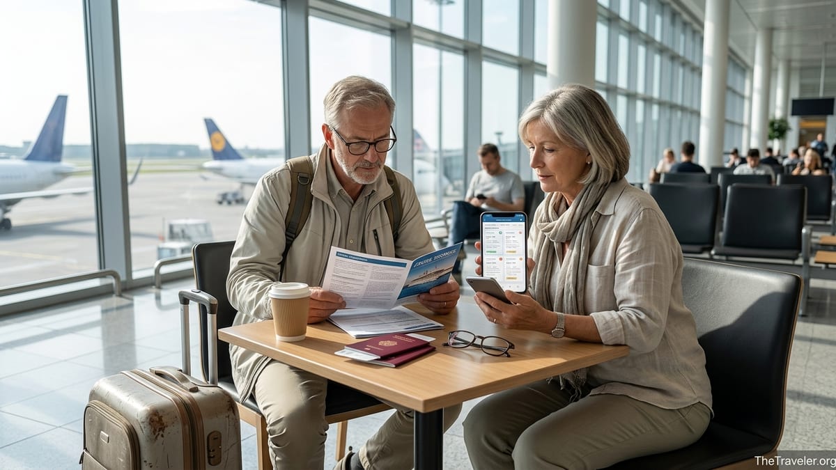 Older couple in an airport lounge comparing travel insurance documents before a trip.