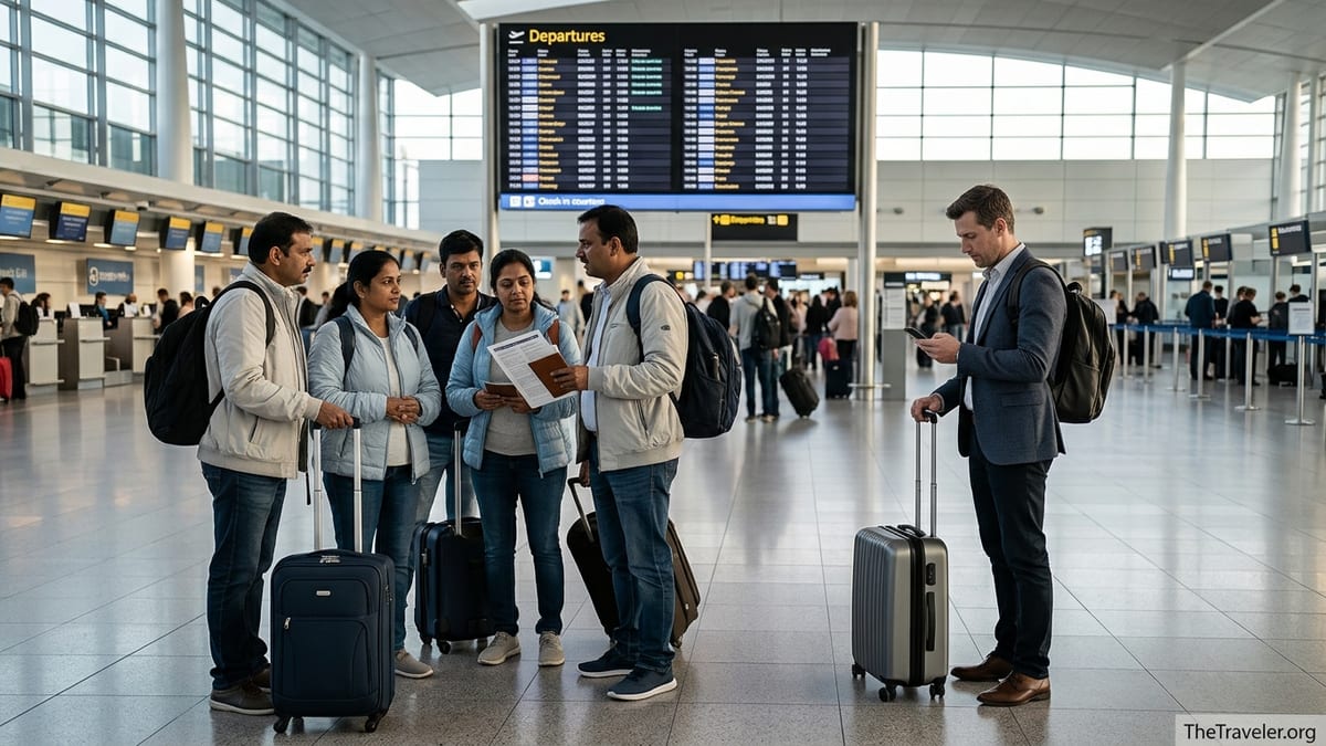 Indian travelers at an international airport checking travel insurance documents.