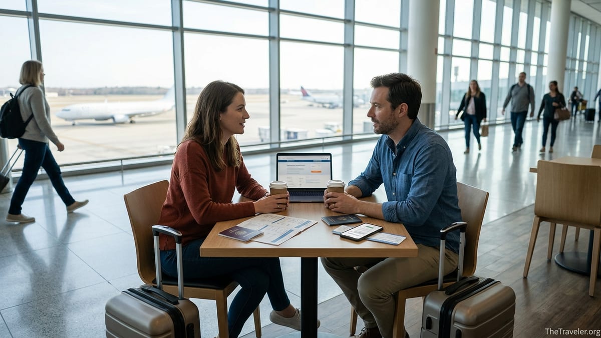 Couple reviewing travel insurance on a laptop in a bright airport terminal.