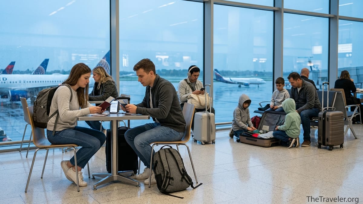 Travelers in an airport lounge reviewing documents and phones before a flight.
