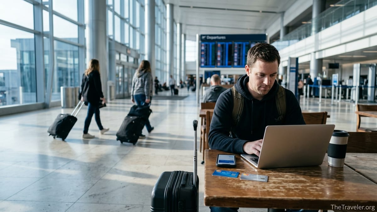 Traveler at an airport café comparing several travel rewards credit cards before a flight.