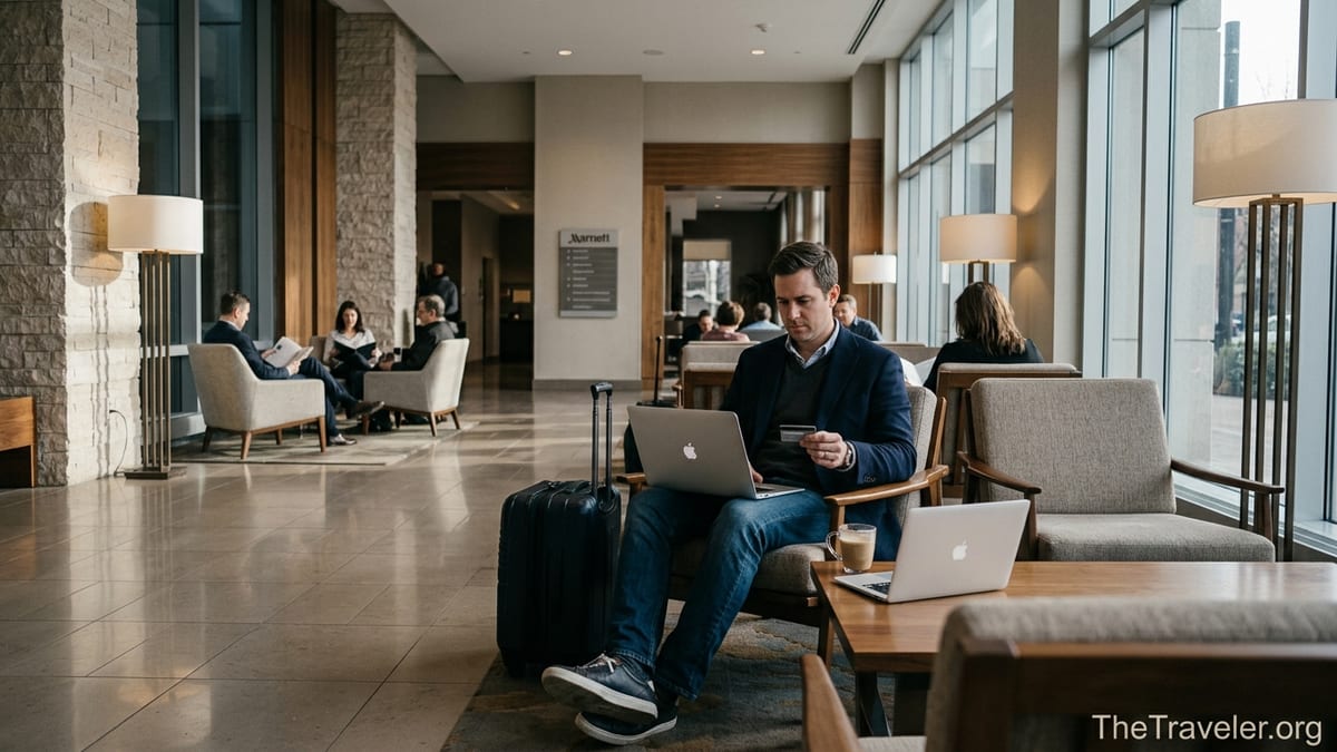 Traveler in a modern Marriott hotel lobby reviewing a bill with luggage and laptop.