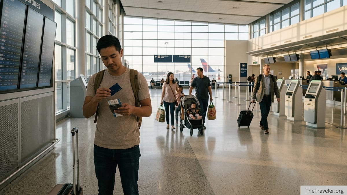 Traveler in a modern airport terminal putting a credit card into their wallet near a departures board.