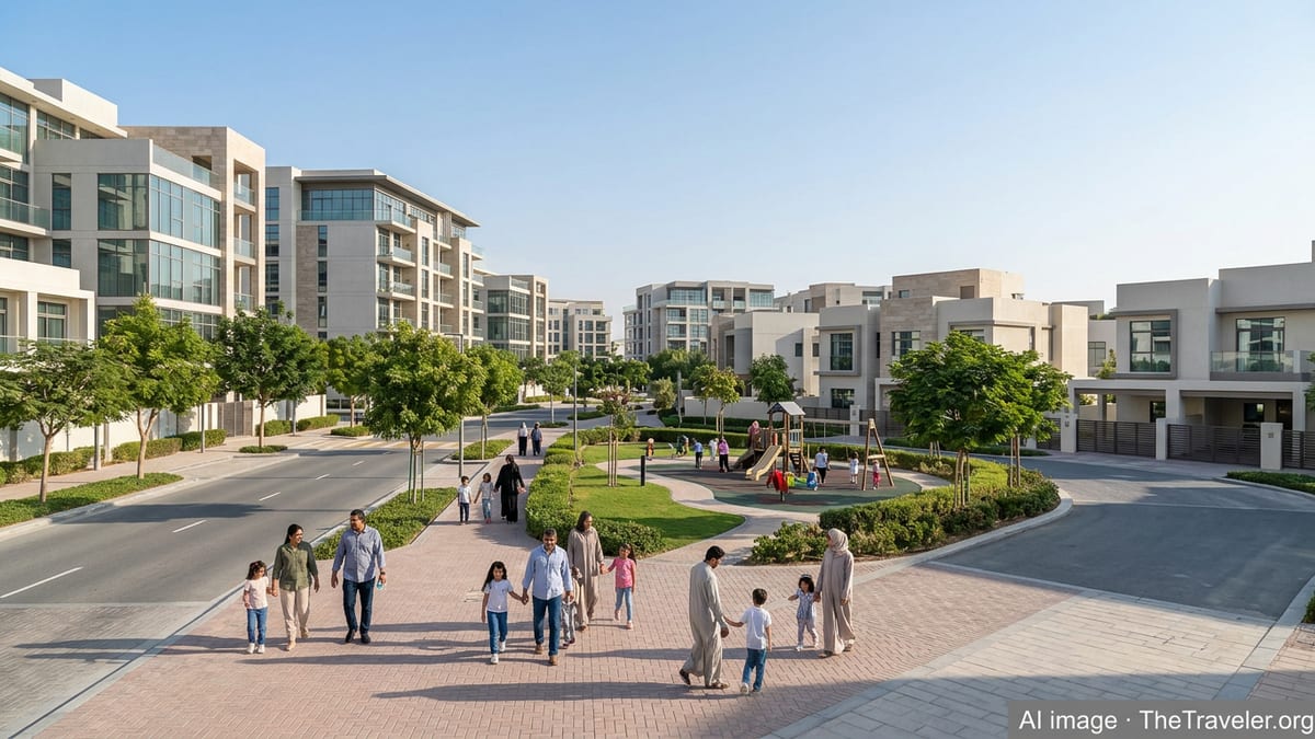 Modern UAE residential neighborhood with families walking near a park and mid-rise buildings.