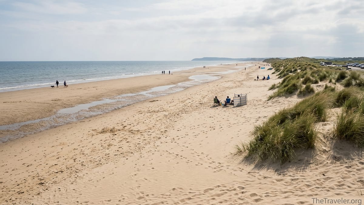 Wide sandy UK beach with dunes and a few people walking by the sea on a bright afternoon.