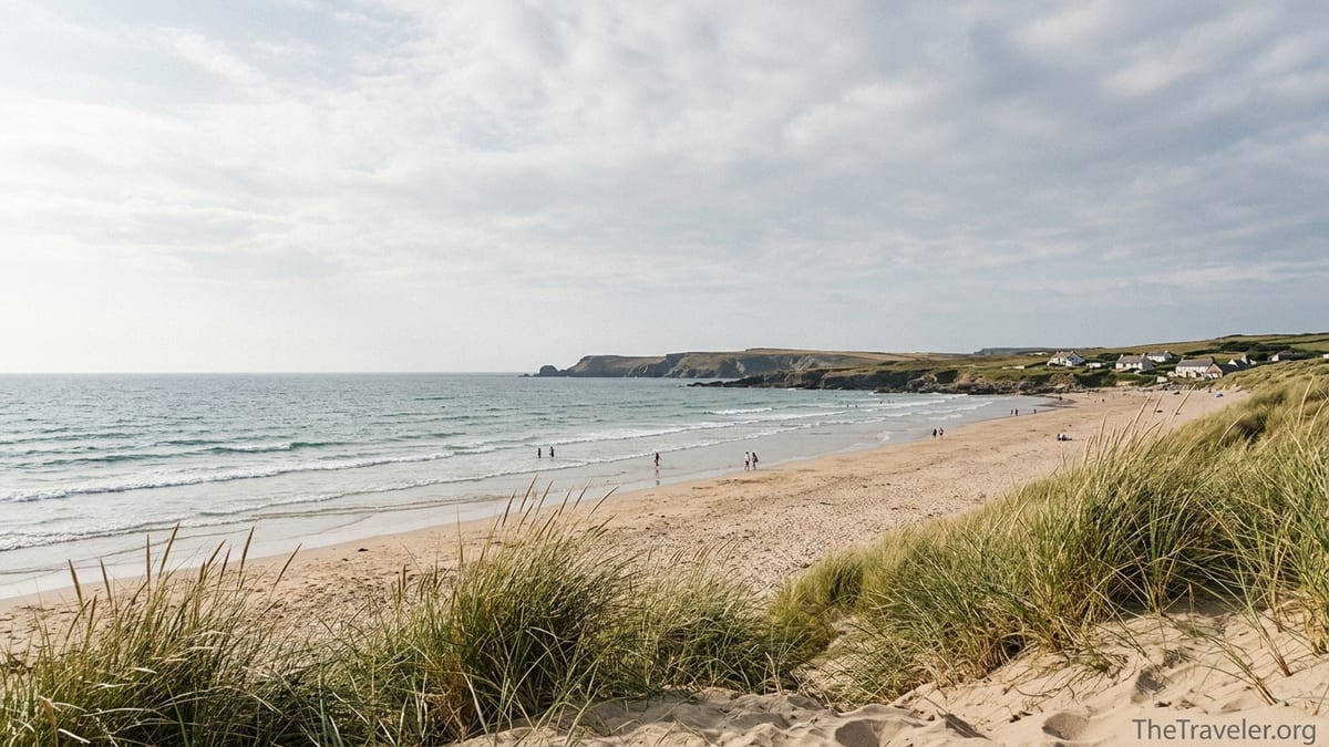 Wide sandy UK beach with grassy dunes and distant cliffs in soft summer light.