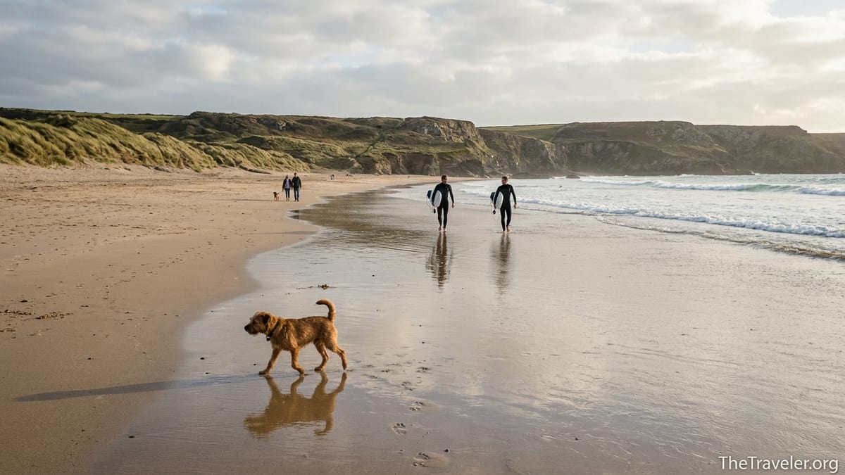 Dog walking on a wide UK beach with surfers and cliffs in the distance.