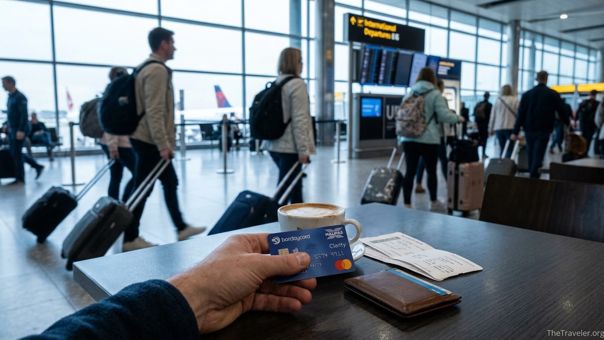Traveller holding a Halifax Clarity card at a London airport café before an international flight.
