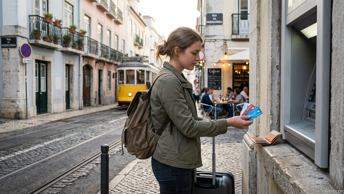 UK traveller holding credit cards by an ATM on a Lisbon street at sunset.