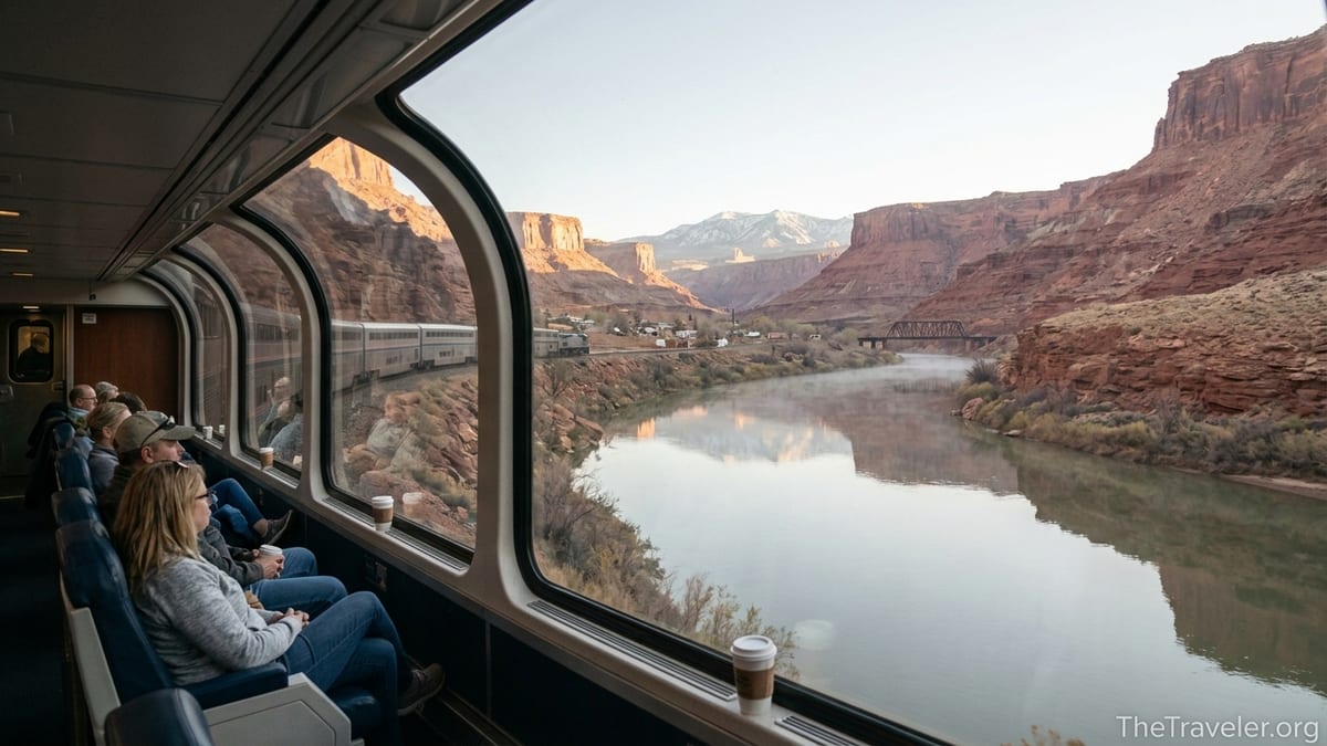 Amtrak train following a river through red-rock canyons at sunrise with passengers enjoying the view.