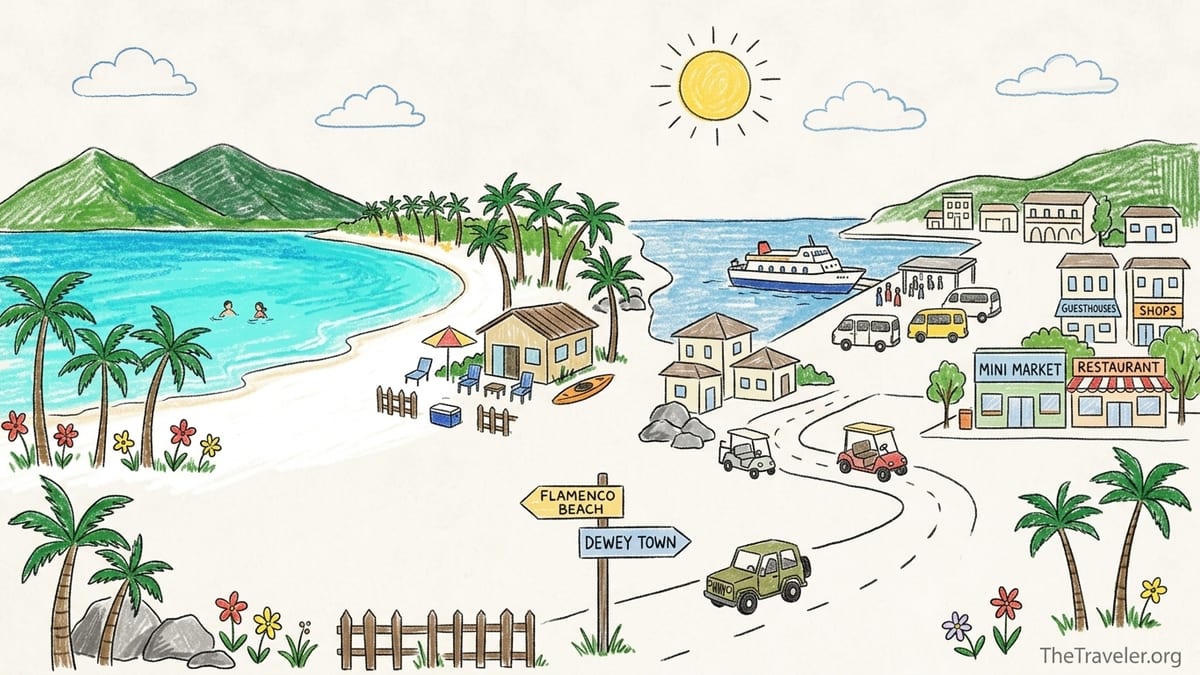 Flamenco Beach on Culebra with turquoise water and a golf cart loaded with beach chairs and a cooler