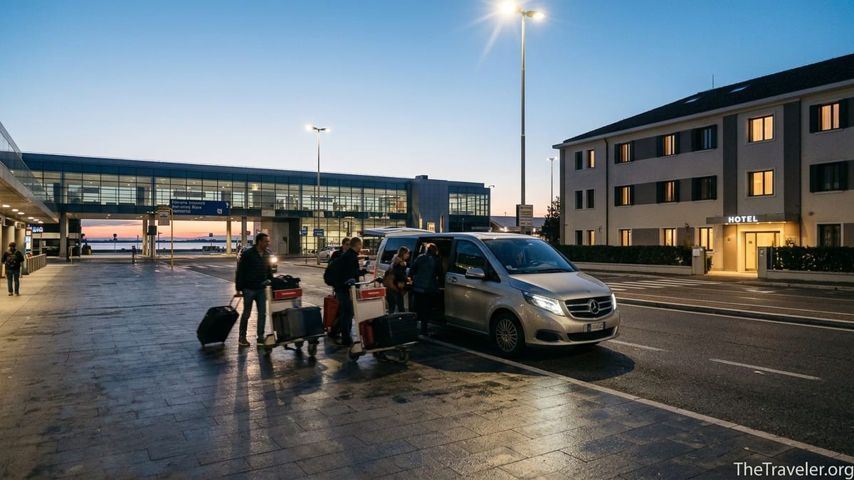Early morning shuttle van dropping passengers at a hotel near Venice Marco Polo Airport.