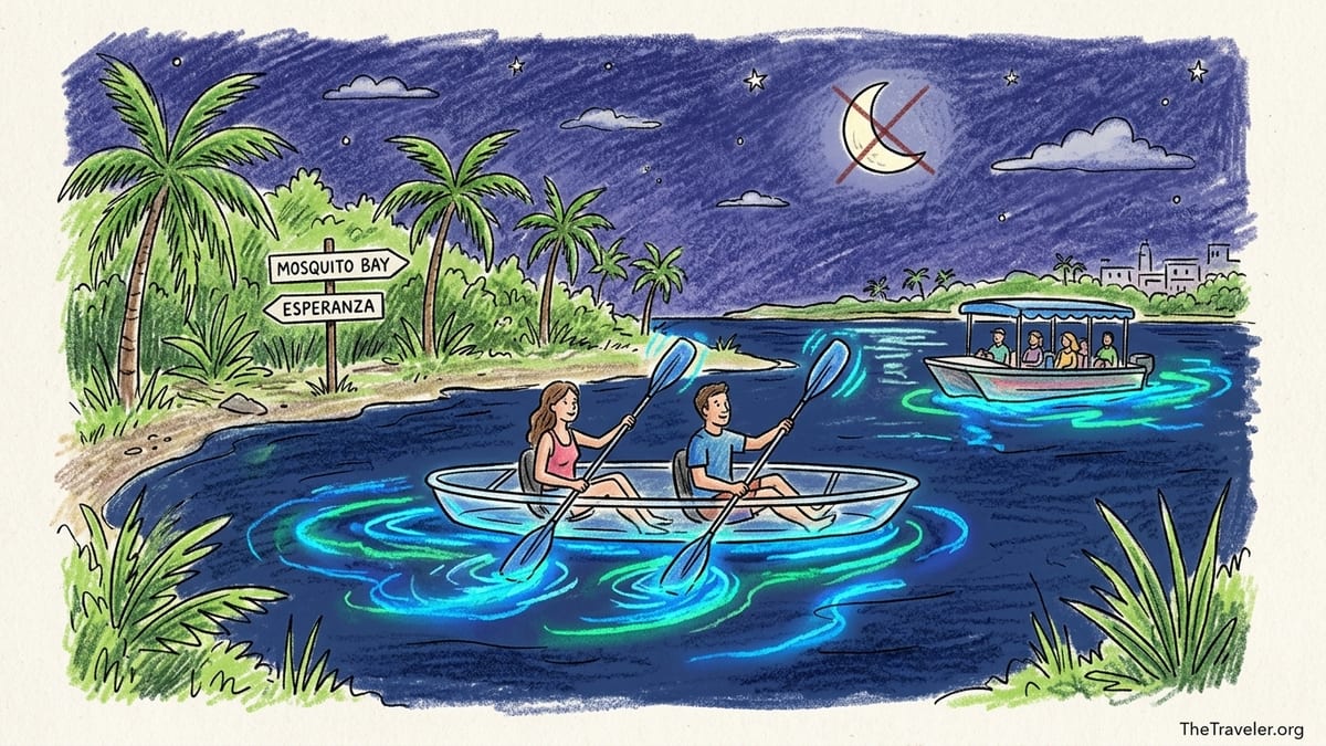 Clear-bottom kayaks gliding over blue bioluminescence on Mosquito Bay in Vieques at night