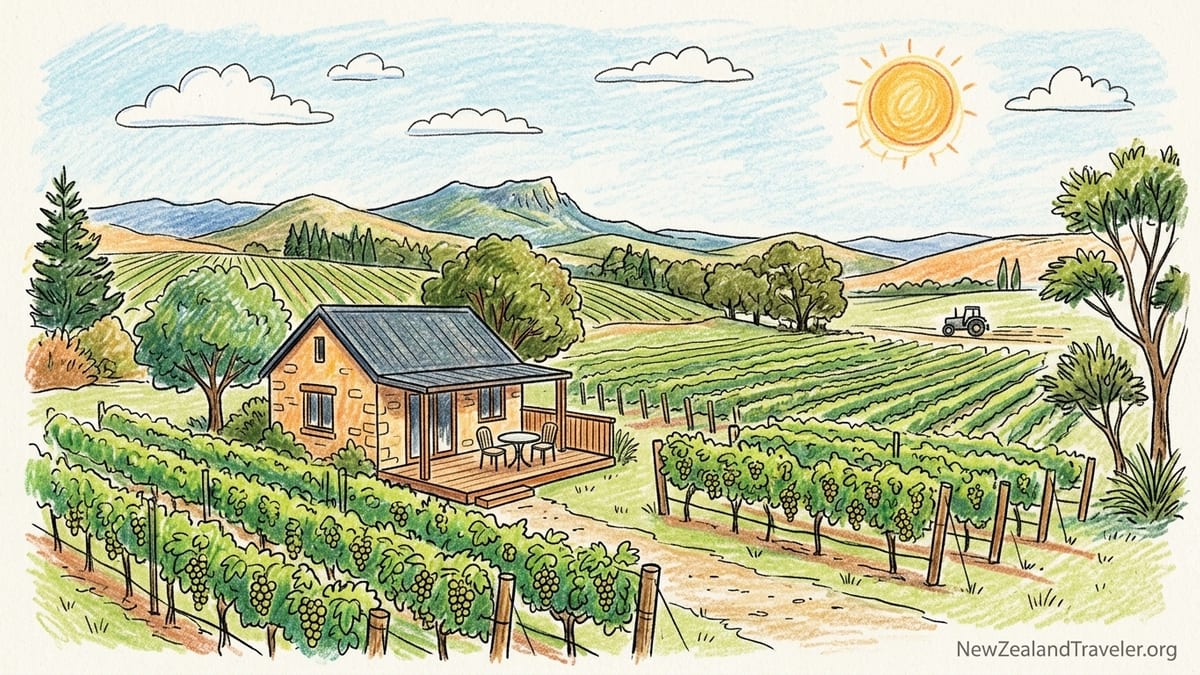 Vineyard cottage terrace overlooking grapevines at sunset in Hawke’s Bay, New Zealand.