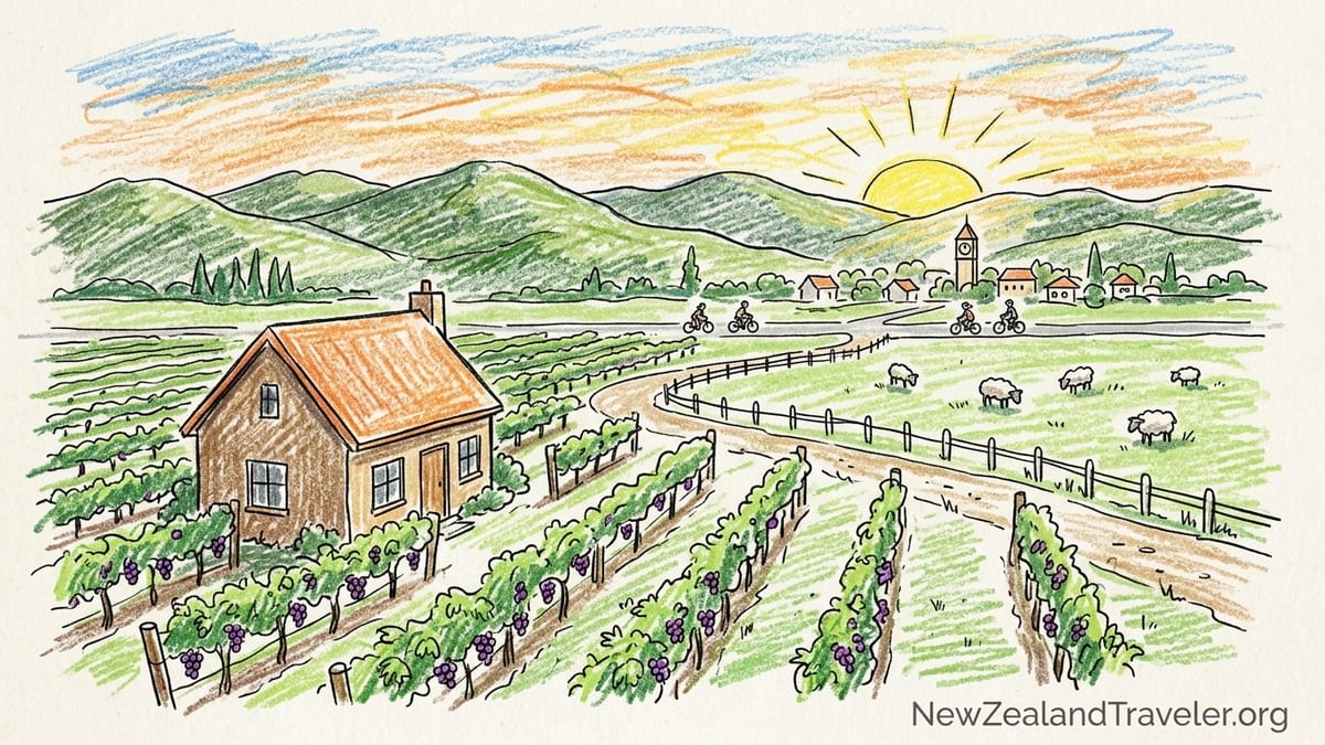A vineyard cottage deck in Martinborough looking out over grapevines at sunset toward the Tararua Ranges.