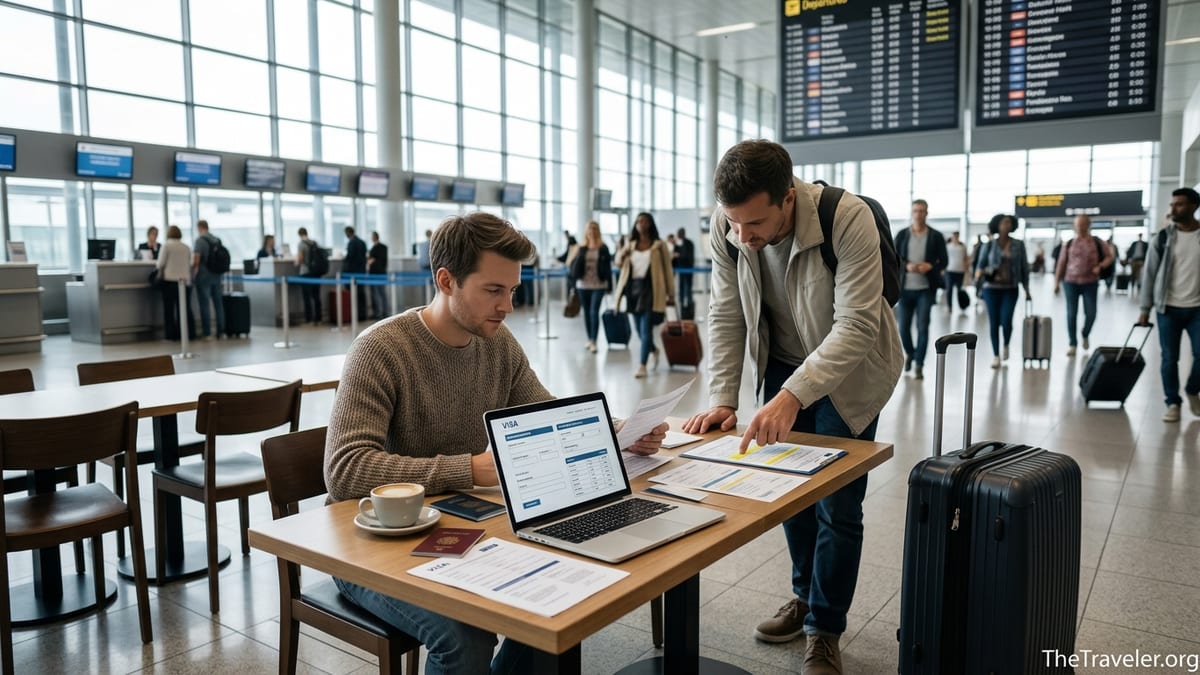 Traveler reviewing visa service paperwork and fees at an airport table.