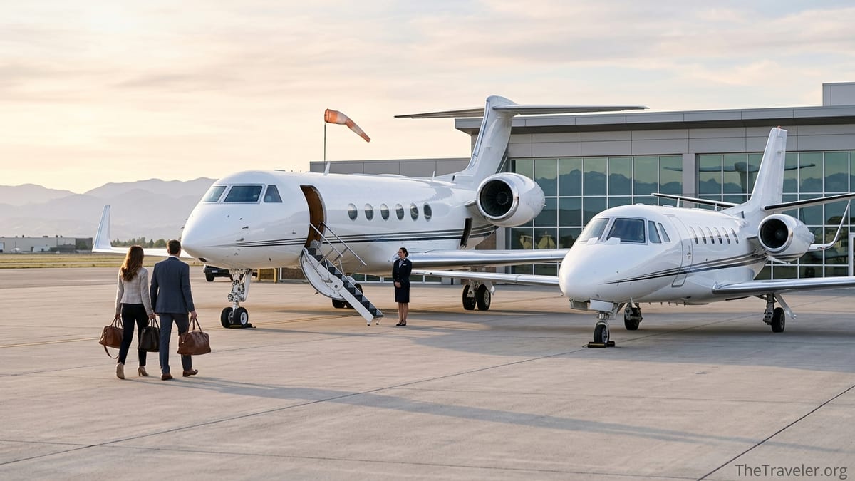 Passengers walking toward private jets at sunrise outside a luxury terminal