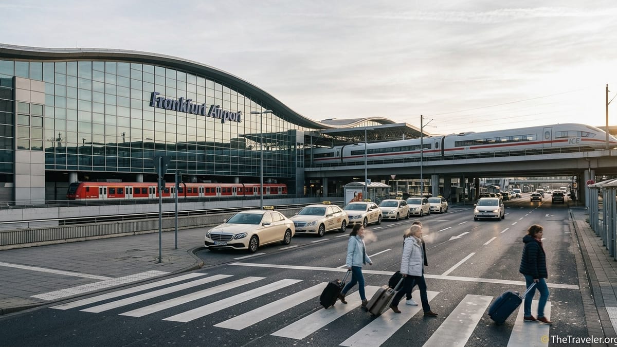 Morning scene with trains, taxis and travelers outside Frankfurt Airport terminal