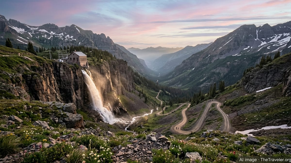 Sunrise view of Bridal Veil Falls above Telluride cascading into a rocky box canyon.