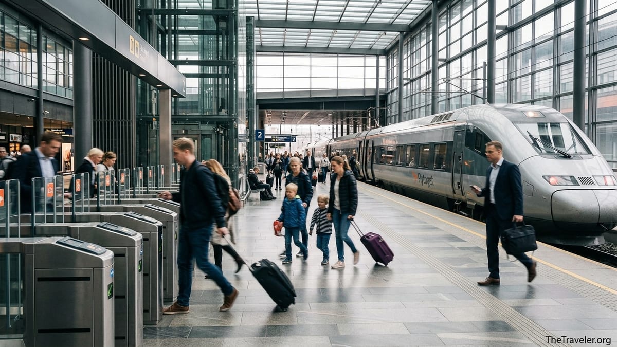 Passengers using the Flytoget Airport Express at Oslo Airport train station