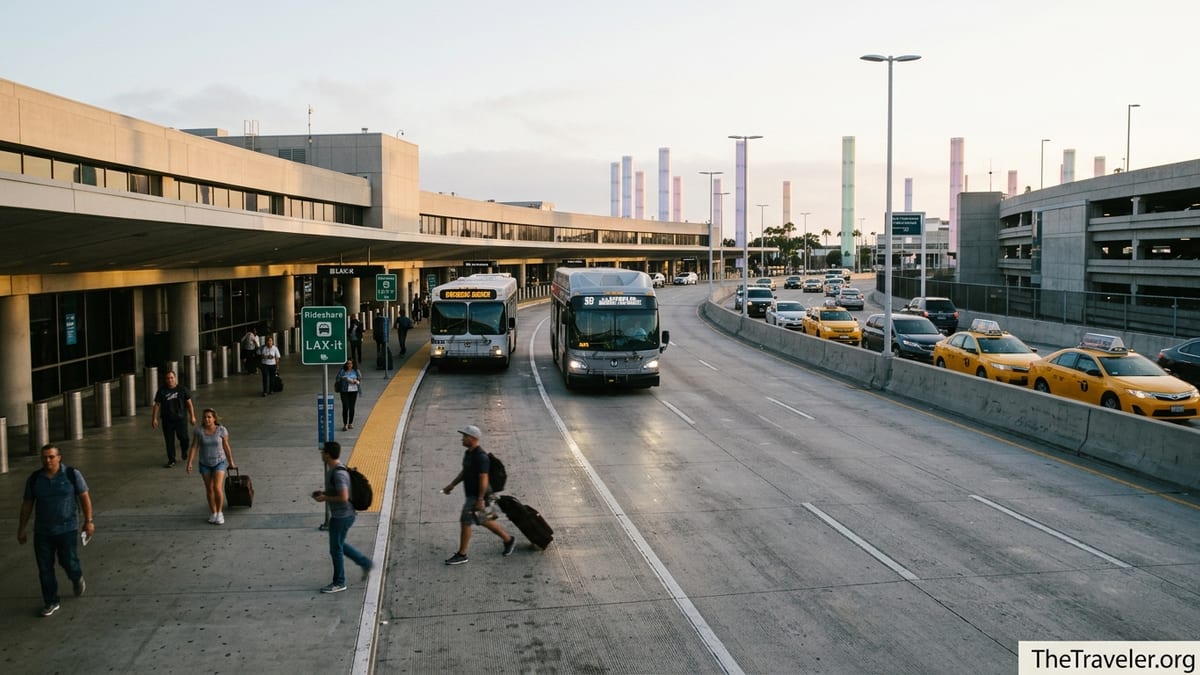 Ground transportation buses, taxis and rideshares outside the terminals at Los Angeles International Airport at dusk.