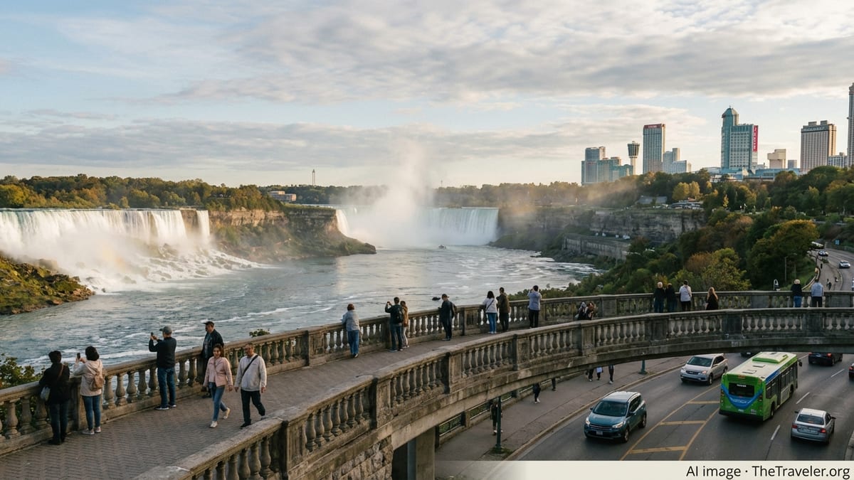 View of Niagara Falls and promenade with visitors and bus on a clear afternoon.