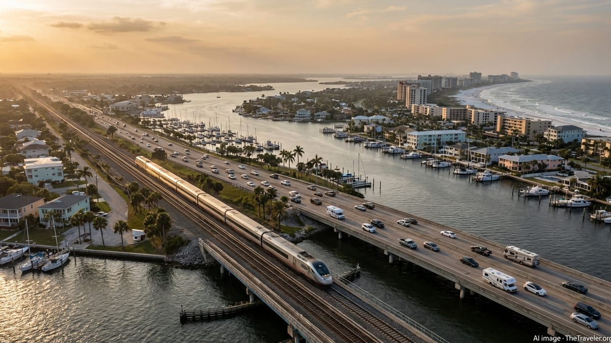 Aerial view of Florida coast with highway, train line, and boats at sunset
