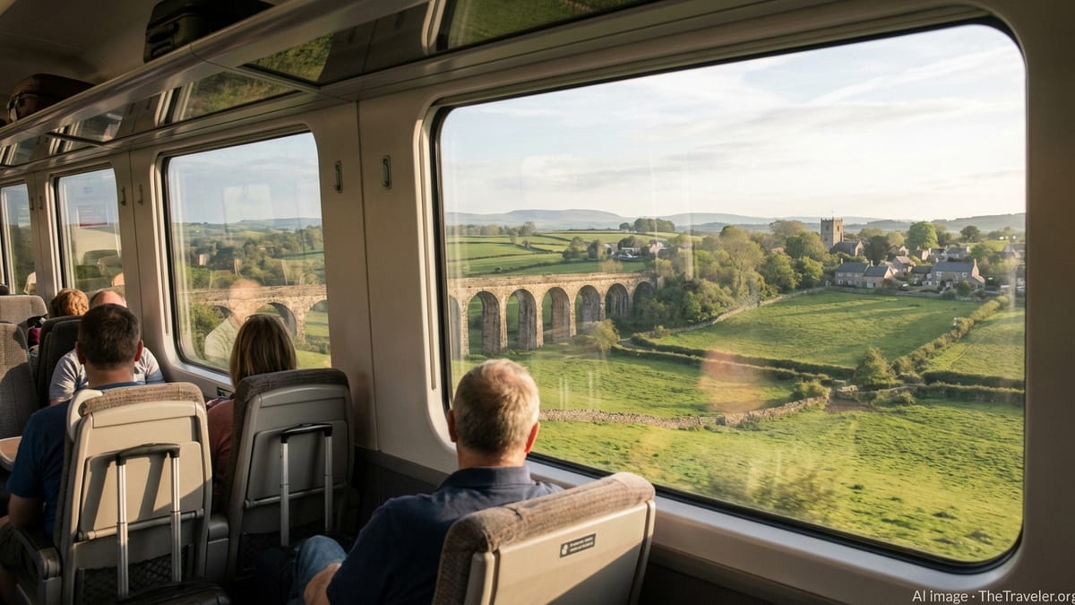 View from a UK intercity train crossing a viaduct over green countryside at sunset.