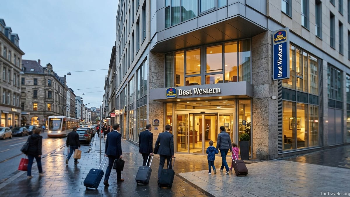 Evening street view of a modern Best Western city hotel with travelers arriving.