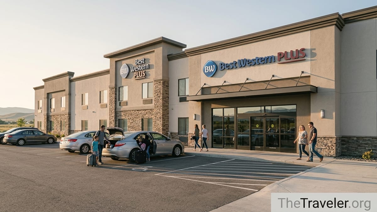 Exterior of a modern Best Western Plus hotel with guests unloading luggage at sunset.